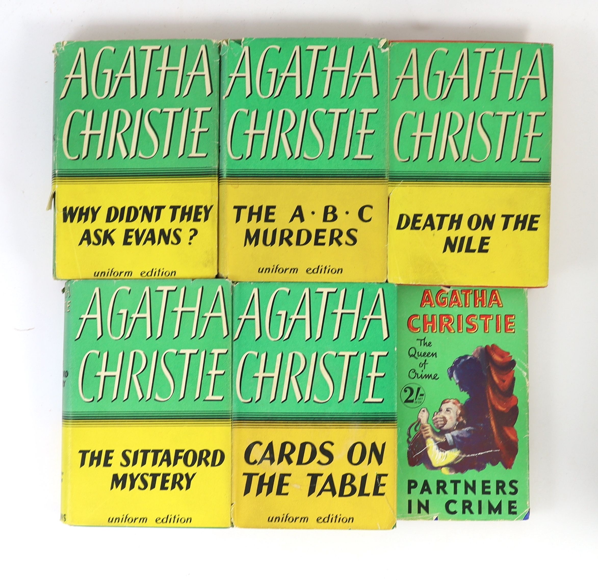 Christie, Agatha - 12 works - Partners in Crime, with torn d/j, with loss to spine and lower rear panel, nd, [1929], Death on the Nile, 2nd impression, in unclipped d/j, with loss to lower spine, 1938; Cards on the Table